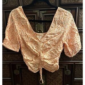 H&M Women’s Orange Cinched Floral Crop Top Blouse Elastic Back V Neck Size‎ M